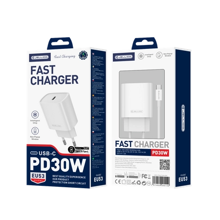 JELLICO Netz-Ladegerät EU53 PD 30W 1xUSB-C + Kabel USB-C - USB-C weiss